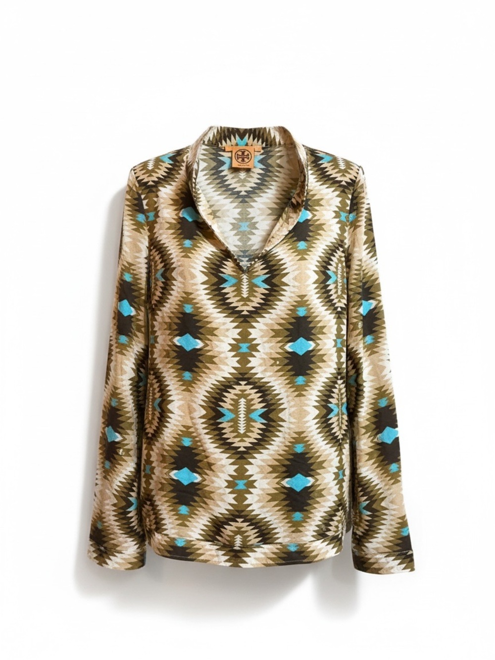 Tory Burch Geometric Print Embellished Cotton Tunic Top Size 10
